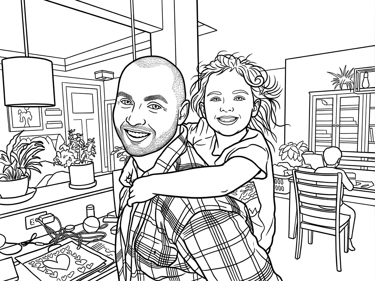 A family photo turned into a printable coloring page