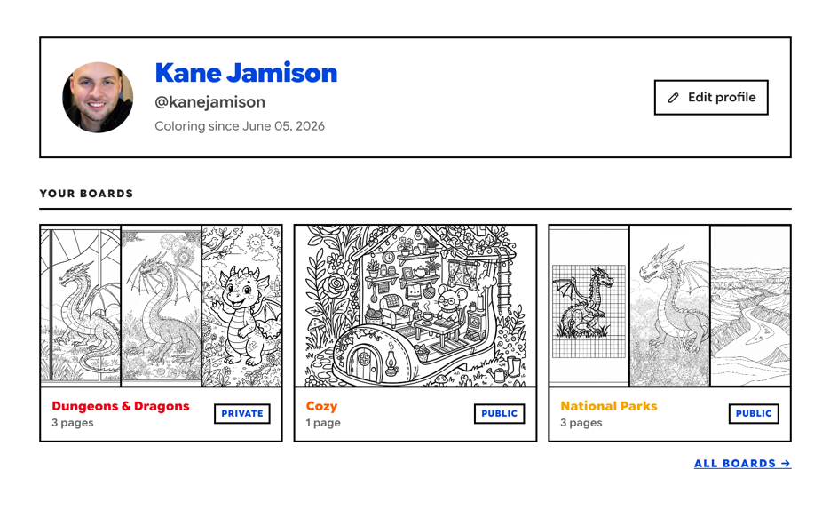 A profile page showing saved coloring pages organized into boards