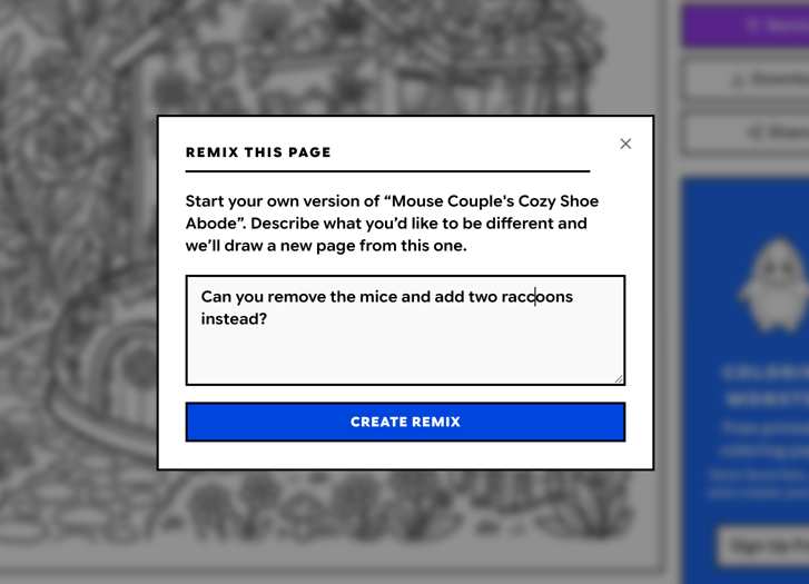 The Remix This Page prompt asking to remove the mice and add two raccoons