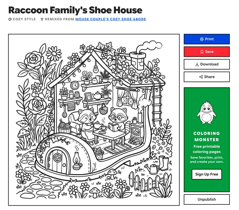 The remixed coloring page: Raccoon Family's Shoe House