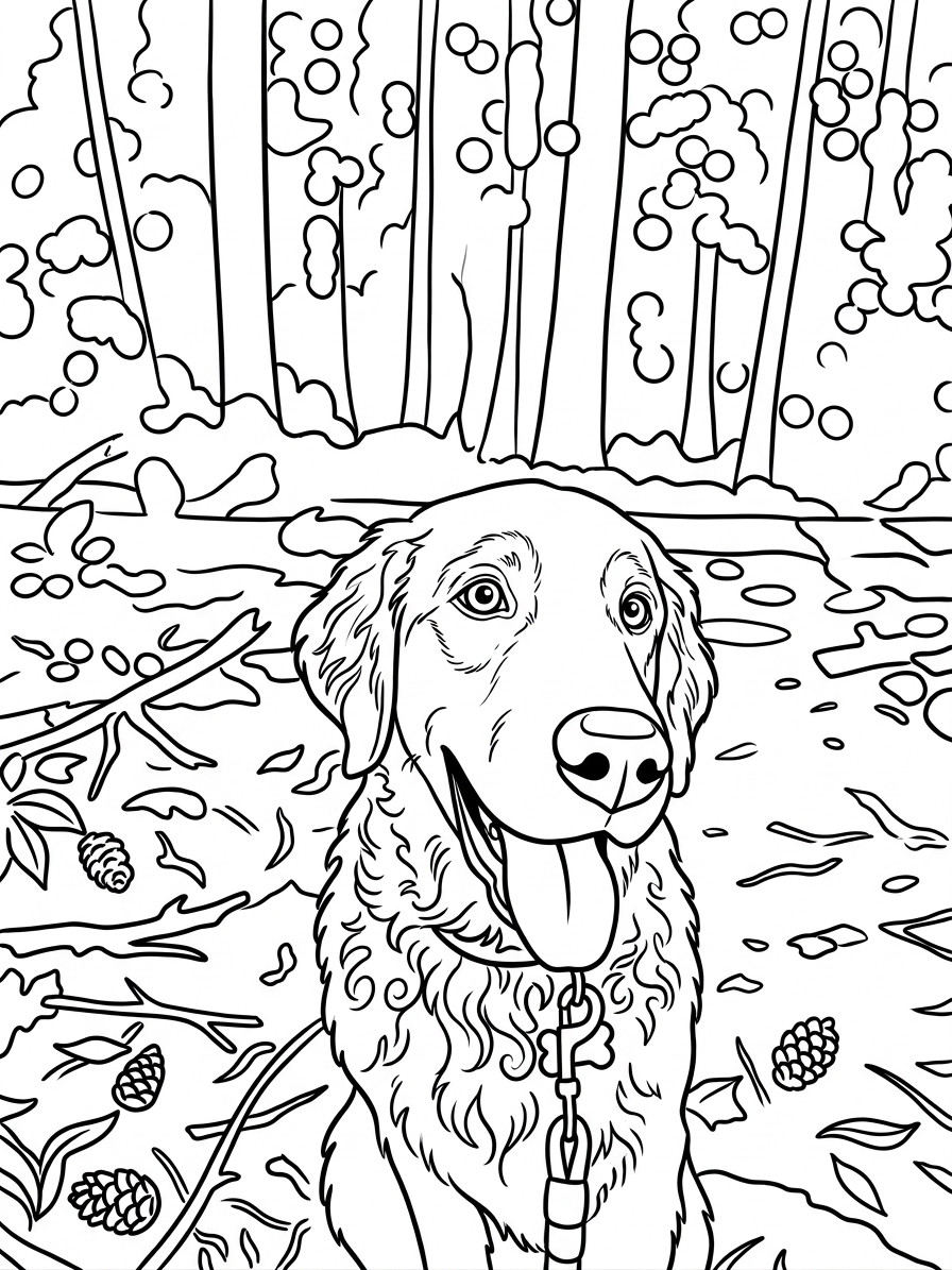 A photo of a golden retriever turned into a printable coloring page